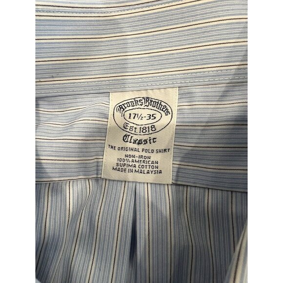 Brooks Brothers Mens 17.5/35 Classic Fit Non-Iron Blue Stripe Cotton Shirt - Picture 4 of 8